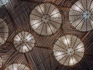 Traditional White Handmade Craft Modern Ethnic Decorative for Interior Lamp Shades made from Rattan Bamboo Wooden Wicker in Natural Rooftop Background