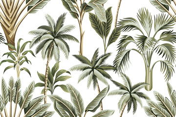 Tropical vintage Hawaiian palm trees, banana and palm leaves floral seamless pattern white background. Exotic jungle wallpaper.