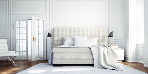 Classic Loft with Bed Classic white Bedroom - 3D illustration