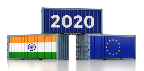 Year 2020 - Freight container with European Union and India flag. 3D Rendering