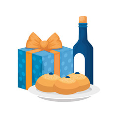 bottle of wine with gift box and breads isolated icon vector illustration design