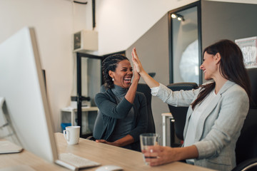 Happy business partners high five in modern office.
