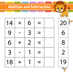 Addition and subtraction. Task for kids. Education developing worksheet. Activity page. Game for children. Funny character. Isolated vector illustration. Cartoon style.
