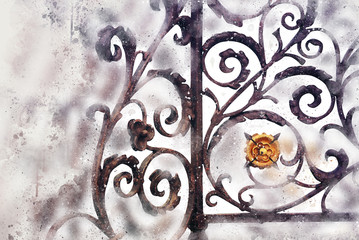 watercolor style illustration of golden vintage ornament elements, antique floral designs