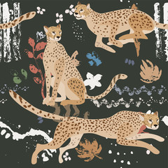 Three jaguars and watercolor blots flowers and leaves on a grey background vector illustration. Seamless pattern.