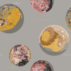 Jupiter's moons - Europa, Io, Callisto, Ganymede. Space planets vector illustration.