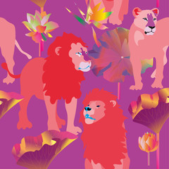 Pink lions and lioness on dark blue background seamless vector illustration. Picture with exotic african animals, flowers and leaves palm tree. Vibrant saturated colors.