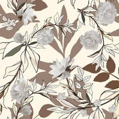Seamless pattern with white roses and brown leaves on light background. Tropical flowers, lily. Vector illustration with plants. Gentle pastel colors.