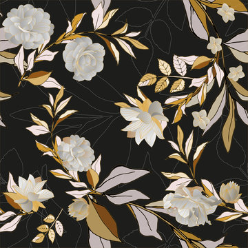 Seamless pattern with white roses and leaves on bordo background. Tropical flowers, lily. Vector illustration with plants. Gentle pastel colors.
