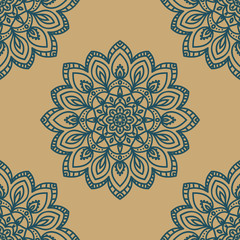 Fantasy seamless pattern with ornamental mandala. Abstract round doodle flower background. Floral geometric circle. Vector illustration.  