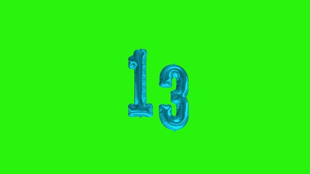 Number 13 thirteen year celebration blue foil balloon floating green screen