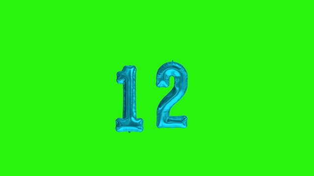 Number 12 twelve year celebration blue foil balloon floating green screen