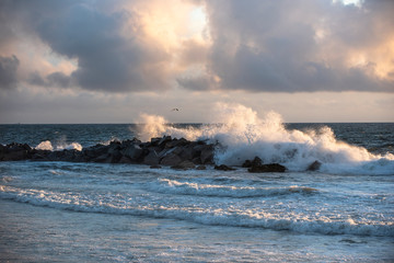 Ocean Surge Crashes on Rock Jetty