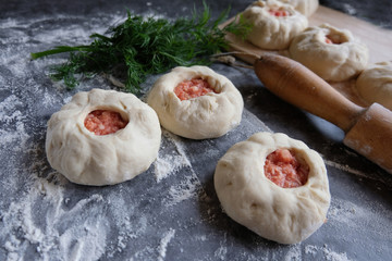 The process of making meat pies from dough with alternative gluten-free flour. Delicious homemade cakes. Slow baking, a useful home product.