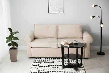 Modern comfortable sofa in stylish home interior