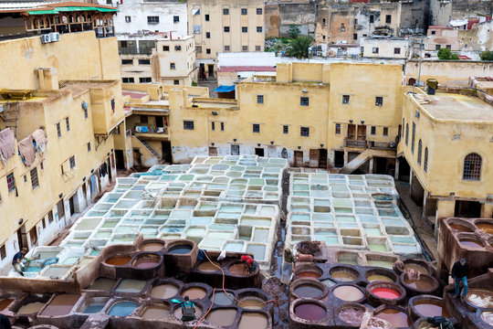 Fes-Meknes administrative region, Marocco - 20 12 2019 Fes is one of the imperial cities. Famous for its tanneries. The old tannery in Fez, now an important tourist attraction The leather dyers in Fez
