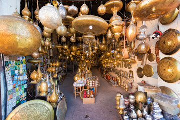 Moroccan style hanging lamps at the market in medina. Lamps and souvenir shops, Marrakech. Traditional moroccan market, Morocco in Africa. Store in Marrakech or Fes taken in December 2019 Nice gift