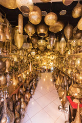 Moroccan style hanging lamps at the market in medina. Lamps and souvenir shops, Marrakech. Traditional moroccan market, Morocco in Africa. Store in Marrakech or Fes taken in December 2019 Nice gift