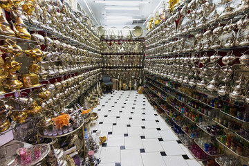 Moroccan style hanging lamps at the market in medina. Lamps and souvenir shops, Marrakech. Traditional moroccan market, Morocco in Africa. Store in Marrakech or Fes taken in December 2019 Nice gift