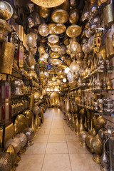 Moroccan style hanging lamps at the market in medina. Lamps and souvenir shops, Marrakech. Traditional moroccan market, Morocco in Africa. Store in Marrakech or Fes taken in December 2019 Nice gift
