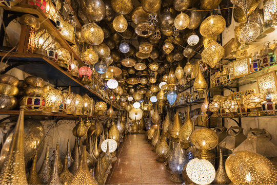 Moroccan style hanging lamps at the market in medina. Lamps and souvenir shops, Marrakech. Traditional moroccan market, Morocco in Africa. Store in Marrakech or Fes taken in December 2019 Nice gift