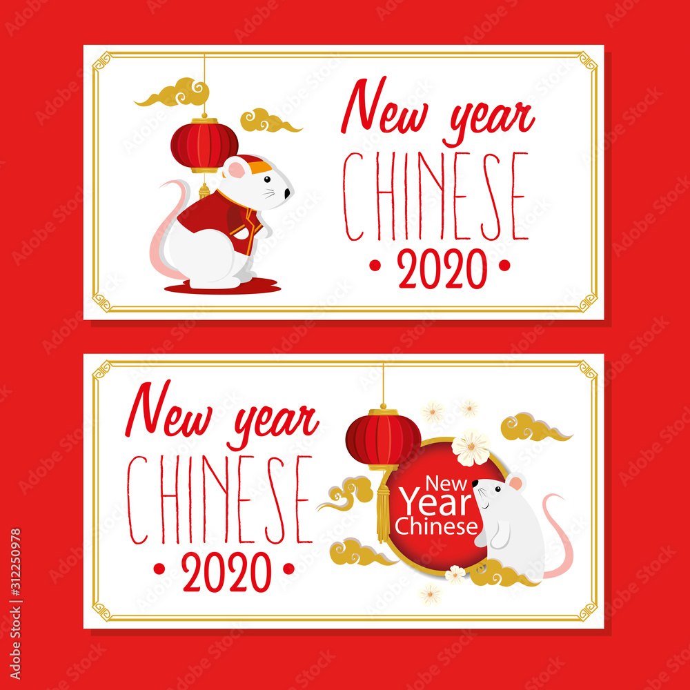 Canvas Prints set poster of happy new year chinese with decoration vector illustration design