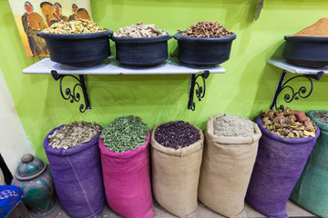 Spices for cooking and tea. Street market in Marrakech or Fes, Morocco, Africa. Moroccan cuisine Moroccan traditional market in medina. Nice gift for travelers