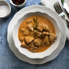 Delicious Turkey goulash. Meat in which is cut into cubes, sour cream, onions, garlic and paprika are the ingredients.