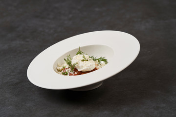 Smoked trout with mashed potatoes and sour cream snow