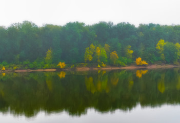 landscape with lake and fog