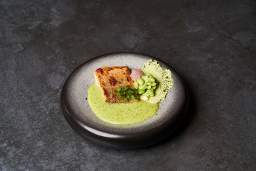 Pike perch fillet with green bean edamame puree and sauce
