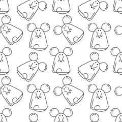 Cute mice, vector seamless background. Monochrome hand drawn animals. Line style, black and white