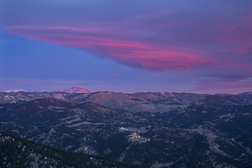 Winter landscape at dawn of the Front Range of the Rocky Mountains from Lost Gulch Overlook, Flagstaff Mountain, Boulder, Colorado, USA