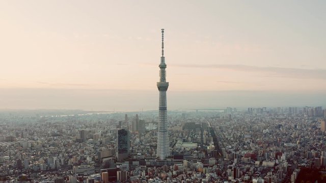 Aerial view of Tokyo Skytree with Fuji mountain and Tokyo city in background.Tokyo Skytree is a broadcasting, restaurant and observation tower in Sumida Japan.