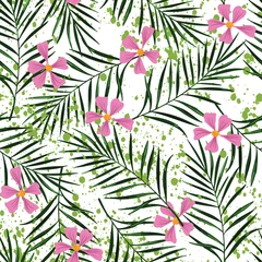 Fotobehang Tropische Bladeren flowers with palm leaves grunge background dotted seamless pattern  © DNZ CreativeDesign