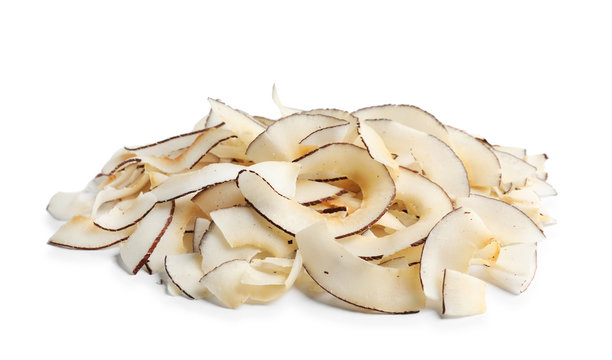 Pile of coconut chips isolated on white