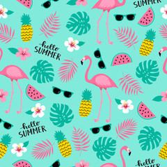 Summer seamless cute colorful pattern with flamingo, pineapple, tropical leaves, watermelon, flowers, sunglasses. Tropical background. Vector illustration