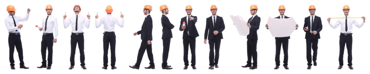 panoramic photo collage of confident architect isolated on white