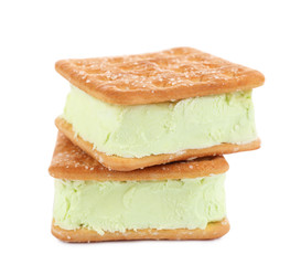 Sweet delicious ice cream cookie sandwiches isolated on white