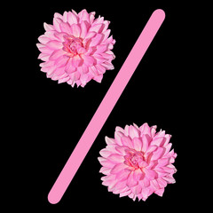 The percent sign is made up of pink dahlia flowers. Discount. Sale.