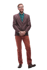 in full growth. serious hipster man with glasses. isolated on white