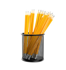 Many sharp pencils in holder isolated on white