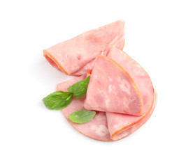 Tasty ham with basil isolated on white, top view