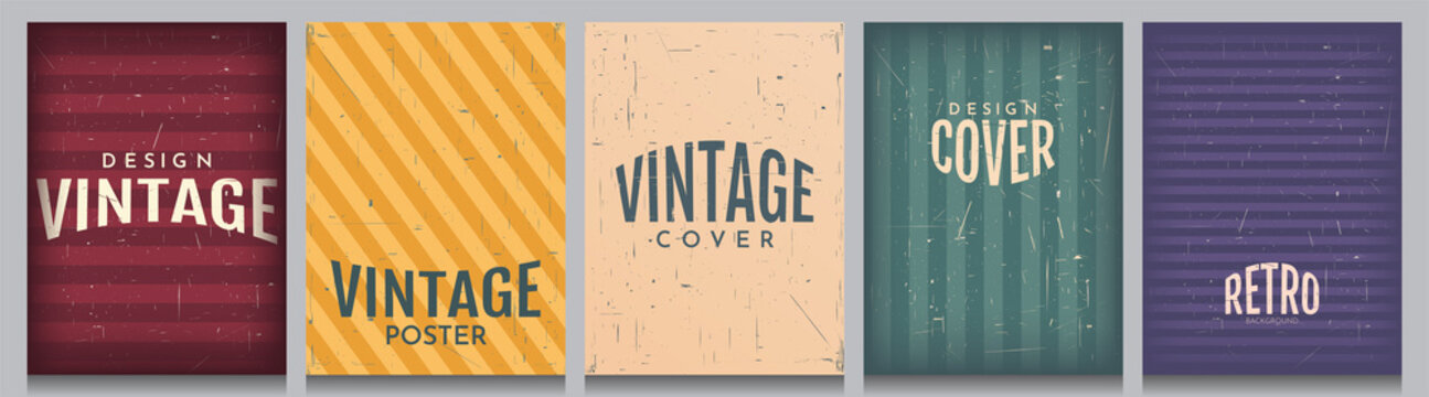 Set Of Vintage Style Backgrounds. Vector Abstract Illustration. Wallpapers With Scratches. Presentation, Invitation, Poster Design. 70s, 80s, 90s Retro Graphic. Grain Overlay With Old Photo Effect