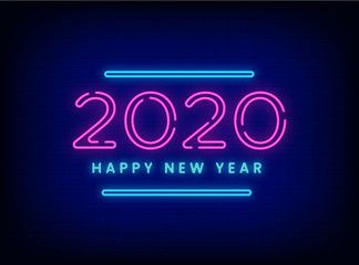 Happy new year 2020 neon wall with bricks