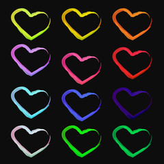 Set heart isolated on black background. Collection of twelve hearts in different colors. Valentine's day romantic style. Colorful hearts shapes. Stock vector illustration.