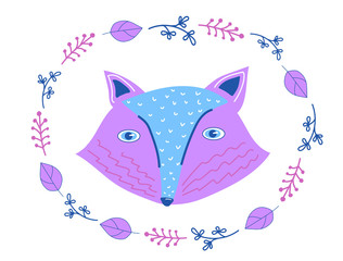 Cute hand drawn nursery poster with fox in scandinavian style. Colorful vector illustration. Animal and purple, pink floral wreath.