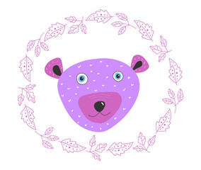 Obraz na płótnie Canvas Cute hand drawn nursery poster with bear in scandinavian style. Colorful vector illustration. Animal and purple, pink floral wreath.