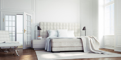 Classic Loft with Bed Classic white Bedroom - 3D illustration