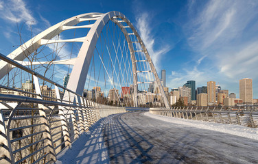Panoramic view of Walterdale suspension bridge and downtown skyline in Edmonton, Alberta, Canada.